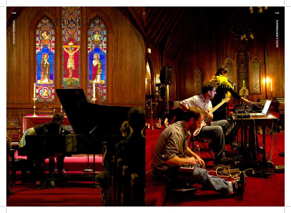 Olivia Block, Steve Roden, Stephen Vitiello, Molly Berg, midnight concert, Trinity Cathedral, 2010 01SJ Biennial, San Jose, CA. Photos: Everett Taasevigen, from unpublished proofs of 01SJ image catalog designed by Matthew Rezac.