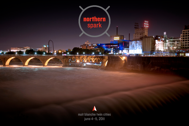 Northern Spark, view across St. Anthony Falls and Stone Arch Bridge to Debora Miller, MURMUR, Gold Medal silos