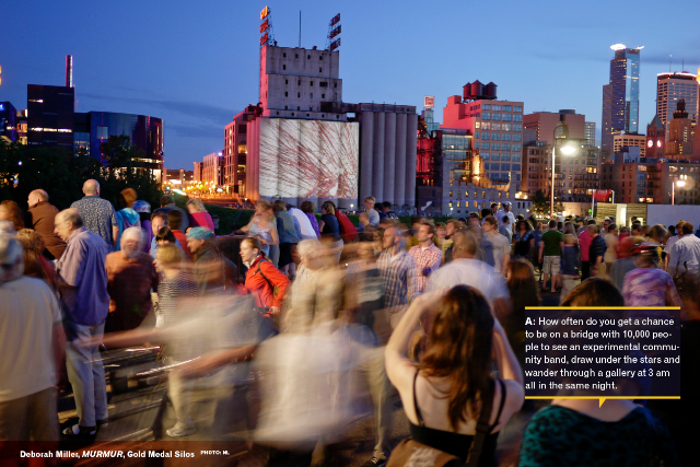 Stone Arch Bridge with Debora Miller, MURMUR projected on Gold Medal silos