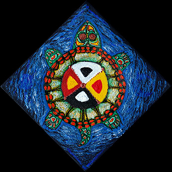 Painting of a turtle on water with an Anishinaabe medicine wheel on its back. 