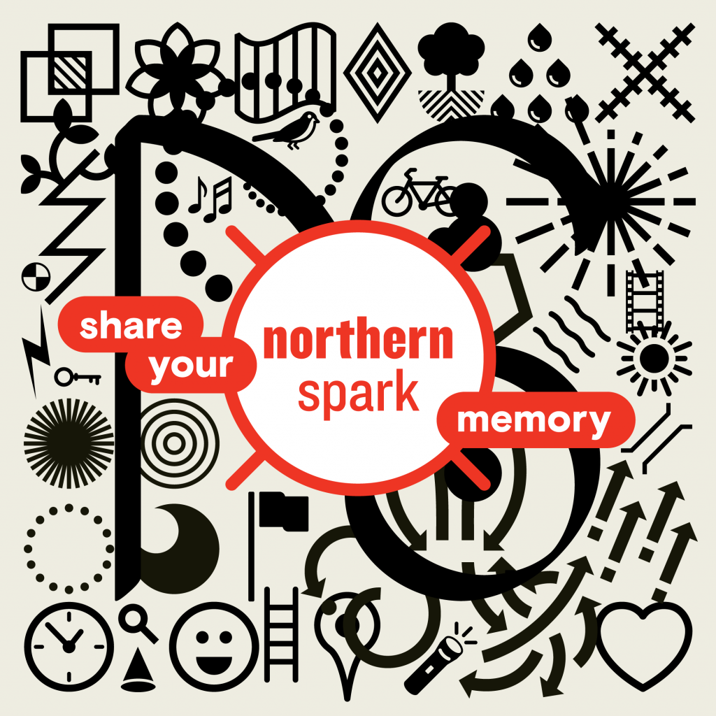 A messy graphic on a beige background cluttered with black icons from Northern Spark's design history. In the middle is a clean Northern Spark logo in white and red, with bubbles that read "Share your Northern Spark memory."