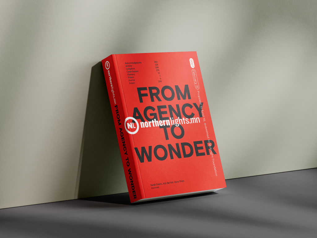 A digital mock up of a book leaning against a grey background. The cover is bright red with black text that reads FROM AGENCY TO WONDER in all caps. 